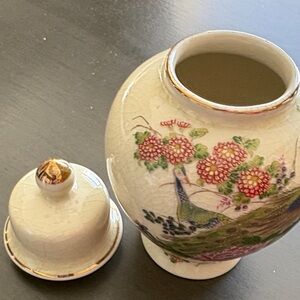 Oriental Japan Satsuma Porcelain 6" Urn Peacock Ginger Jar Vase Cherry Blossom